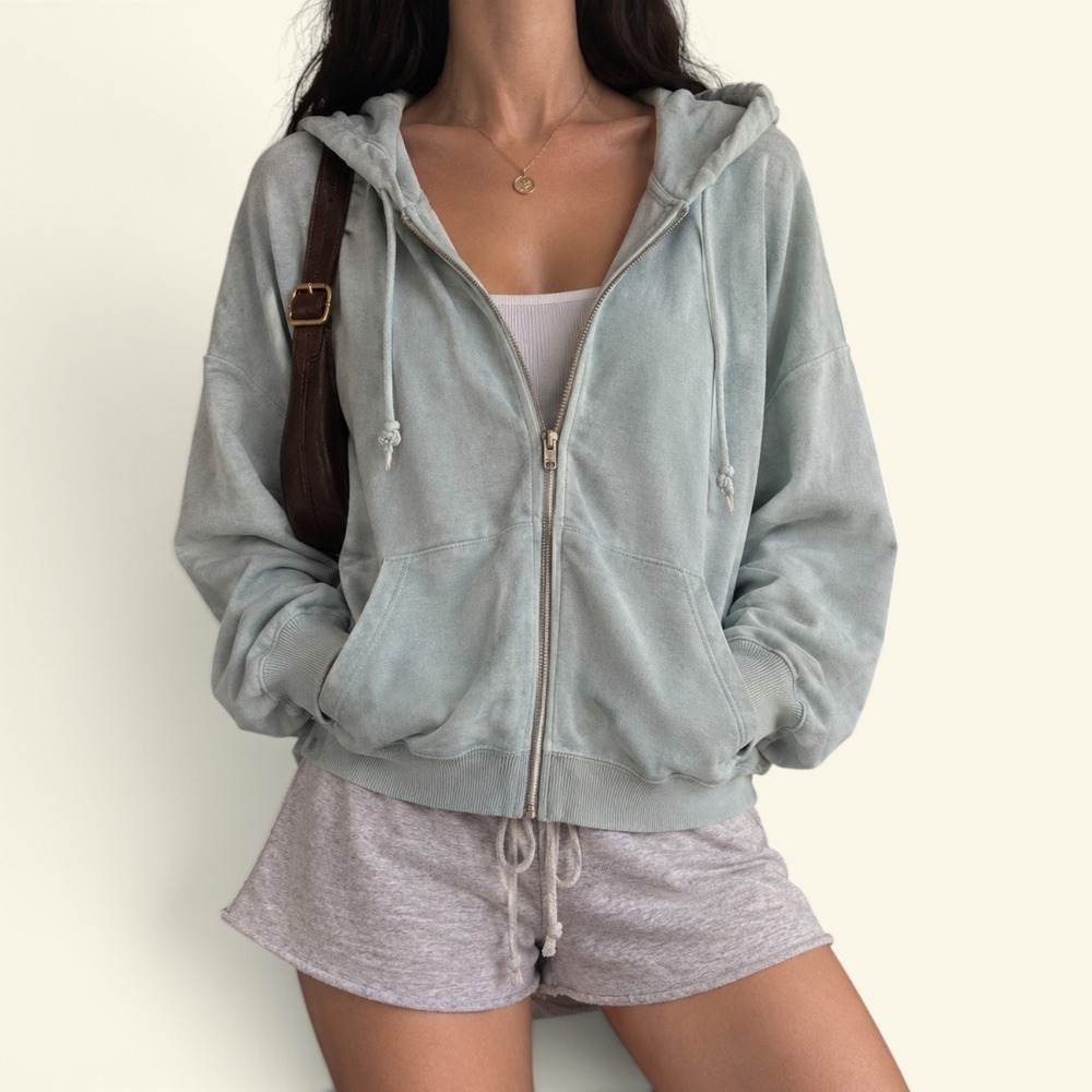 Hollister Cropped Zip Up Hoodie Women's Medium Light Blue Oversized Sweatshirt